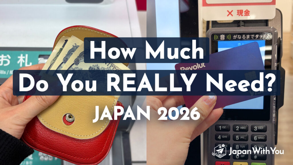 A collage thumbnail image for a Japan travel payment guide, featuring a split view of a person making a contactless credit card payment and a traditional cash-only ticket machine.